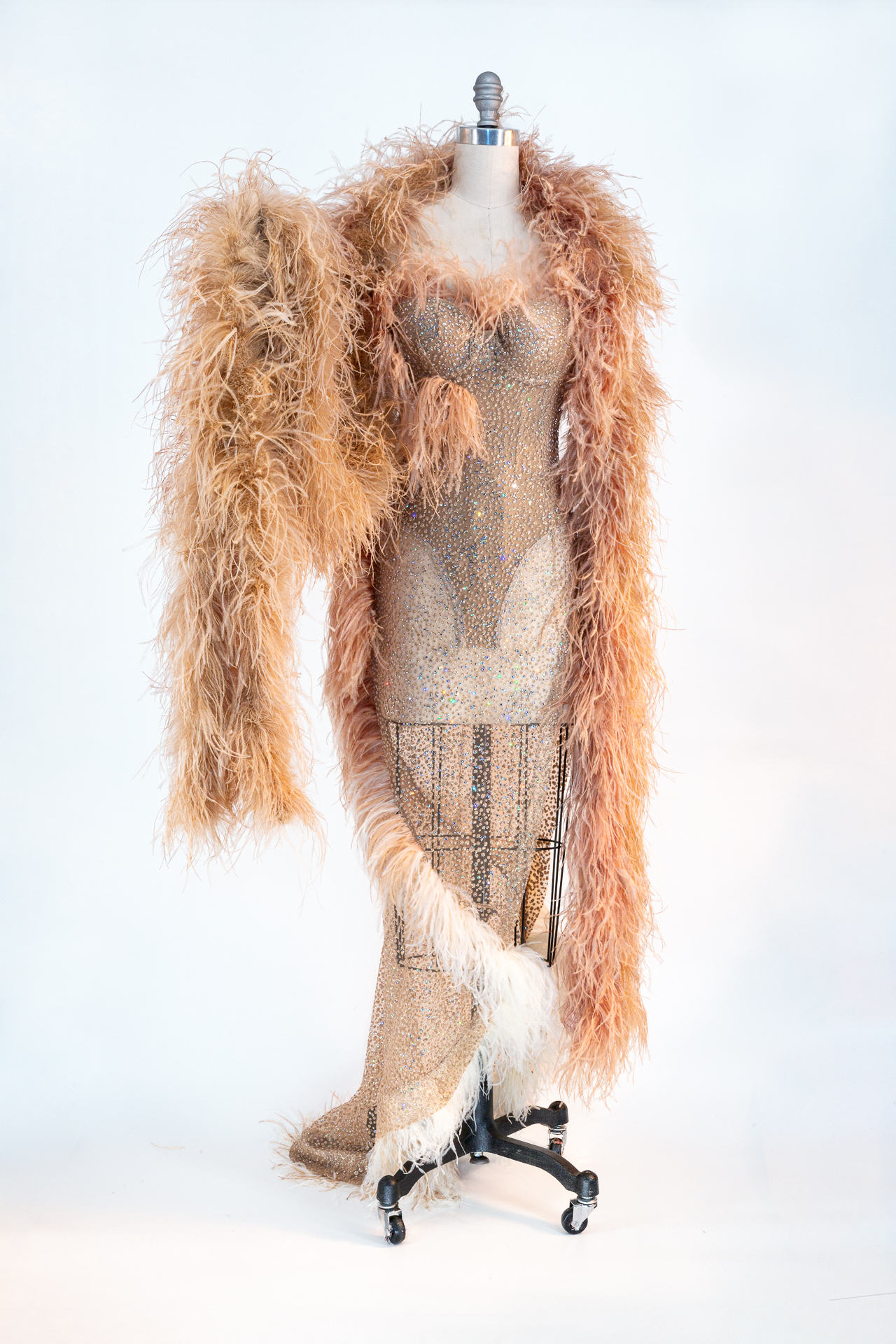 Feathered gown on dress form